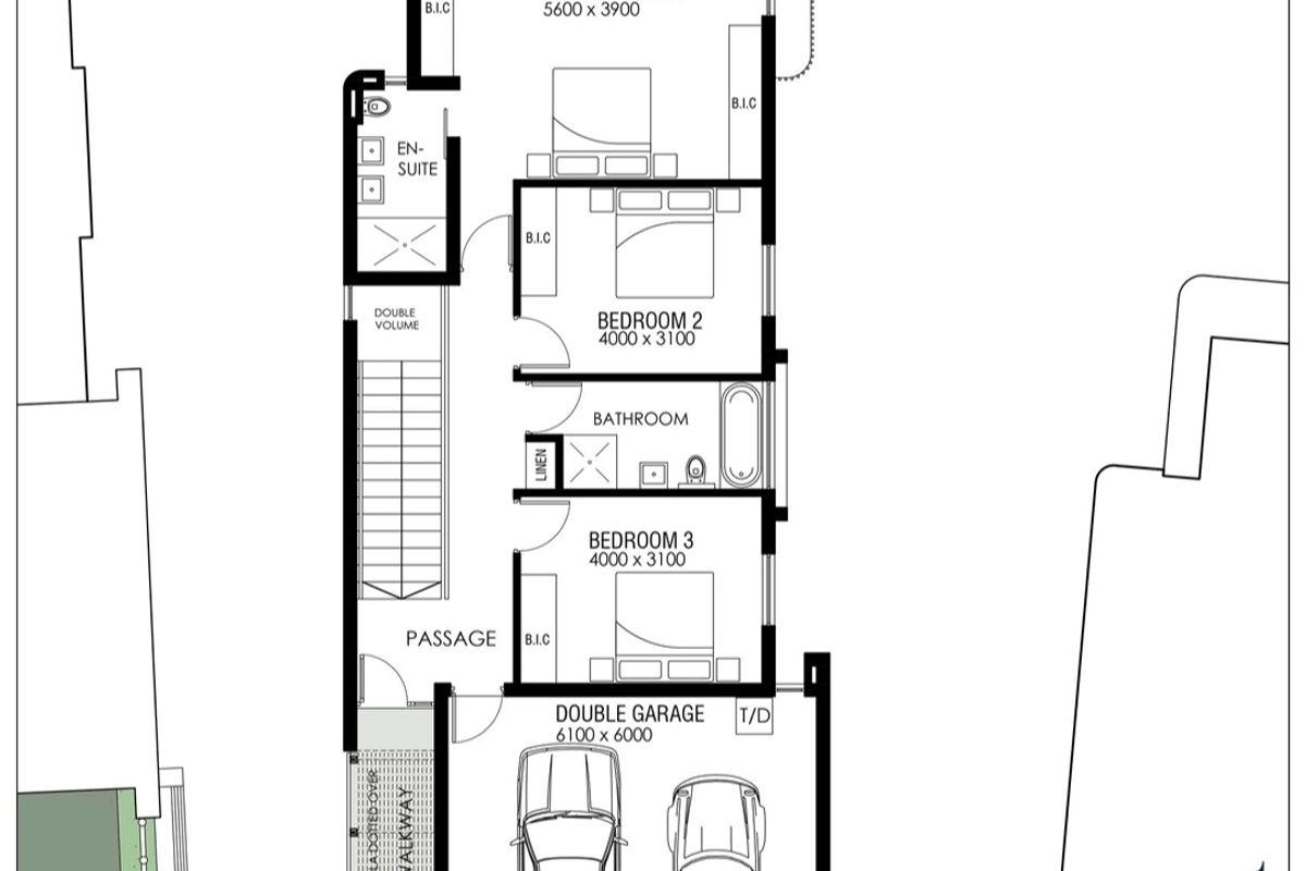 Architectural floor plan for the first floor of a Type A townhouse, detailing bedroom layouts, en-suite, bathroom, and double garage configuration.