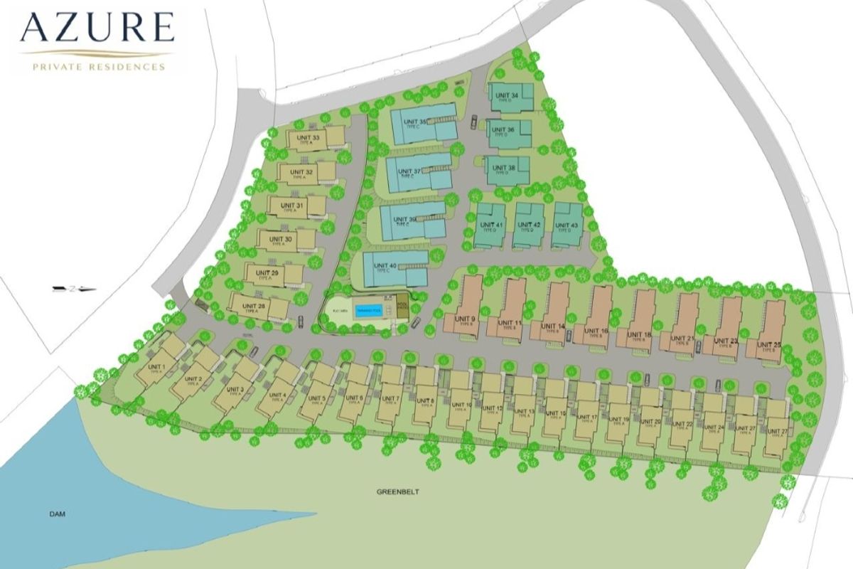 A comprehensive site development plan for Azure Private Residences, illustrating the layout of units, communal pool area, and surrounding greenbelt and dam.