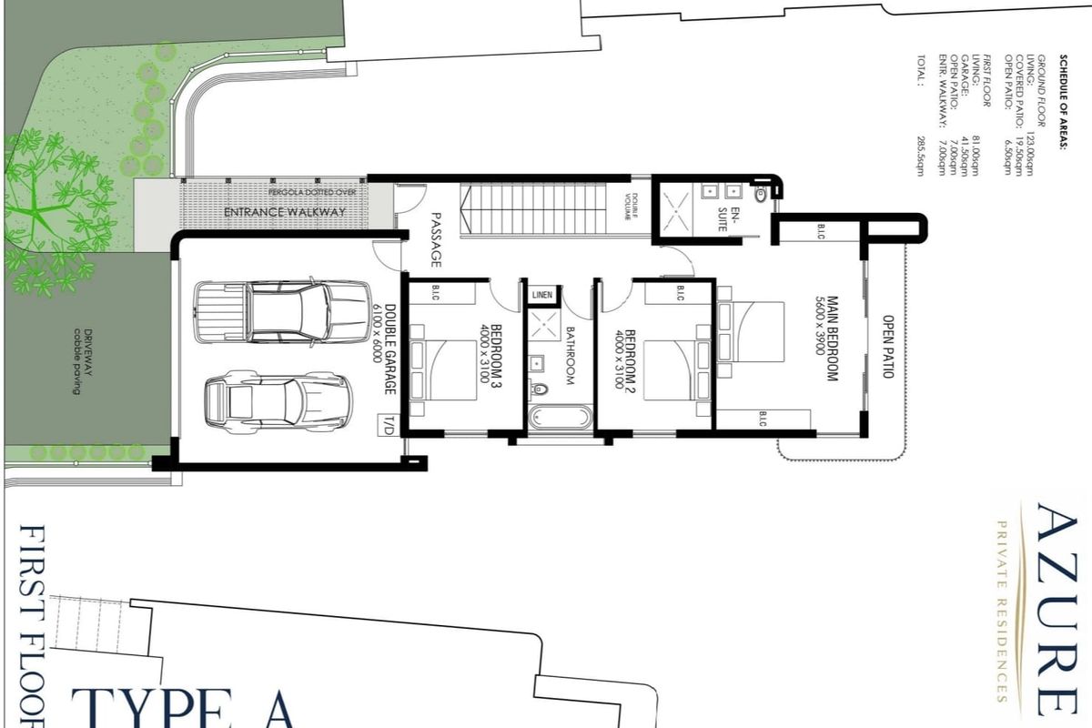 Architectural floor plan for a Type A townhouse residence, detailing the layout of the first floor including bedrooms, garage, and patio areas.