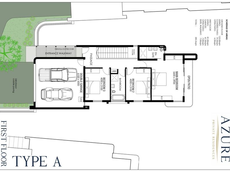 Architectural floor plan for a Type A townhouse residence, detailing the layout of the first floor including bedrooms, garage, and patio areas.