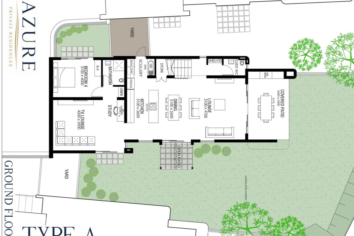 Architectural floor plan for a ground floor townhouse unit featuring an open-plan living area, multiple bedrooms, study, and outdoor patio space.