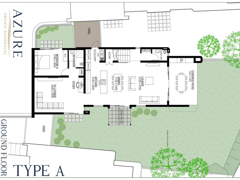 Architectural floor plan for a ground floor townhouse unit featuring an open-plan living area, multiple bedrooms, study, and outdoor patio space.