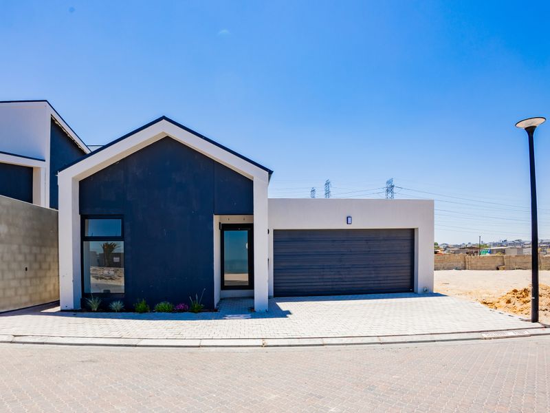 Modern single-story residential home featuring a dark facade, paved driveway, and integrated double garage.