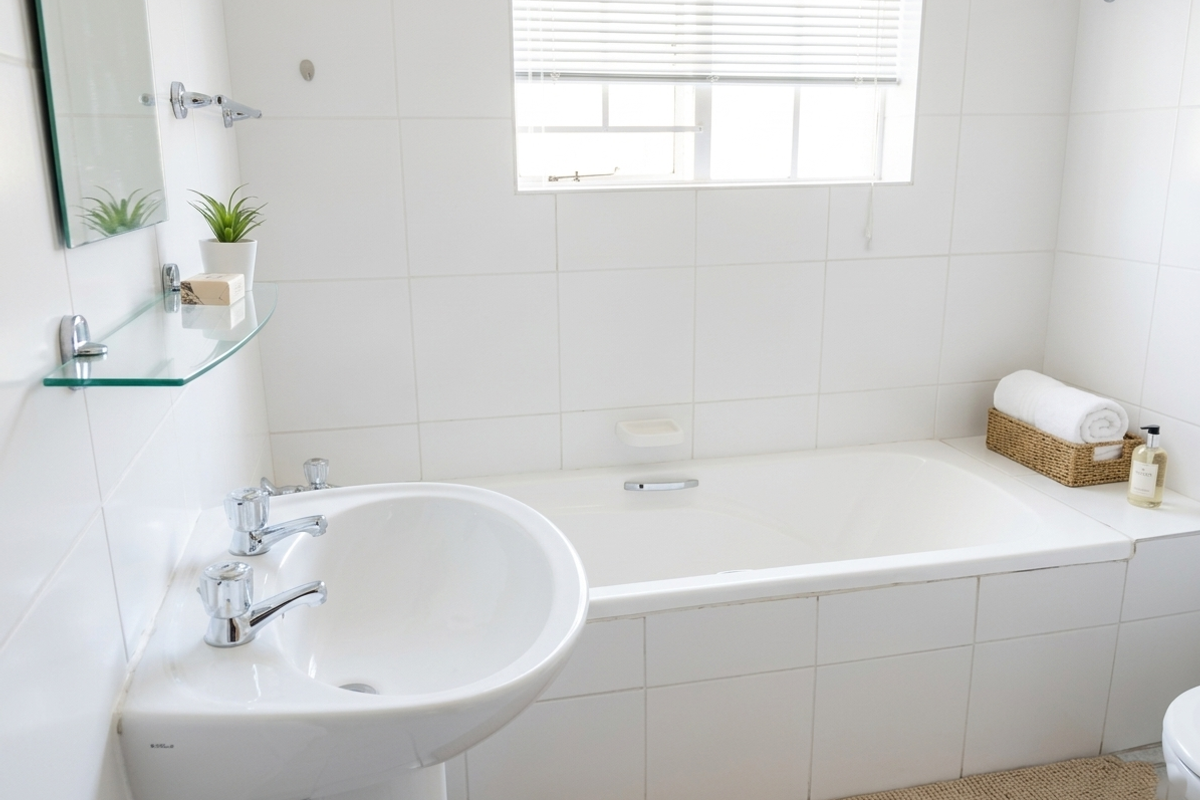 A clean and bright bathroom featuring a white pedestal basin, a built-in bathtub with chrome fixtures, and full-height wall tiling.