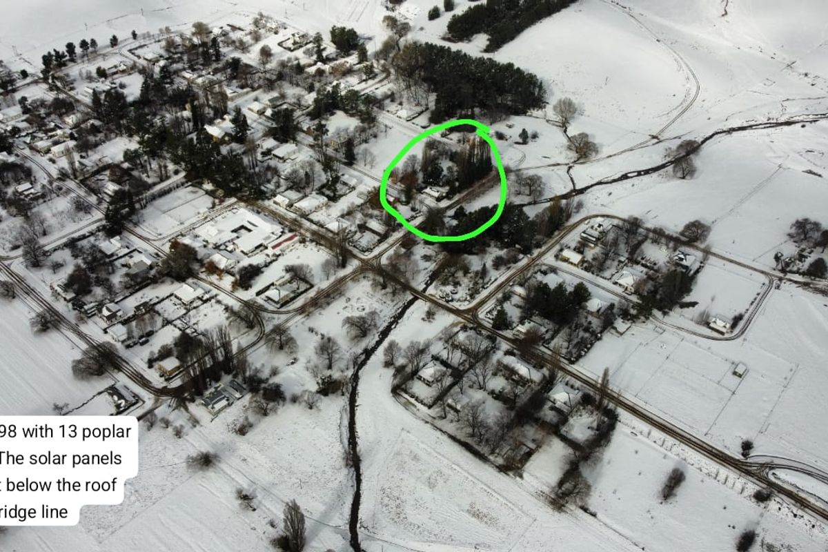 Aerial view of the property located on stand 398, featuring mature poplar trees and solar panels installed on the roof structure.