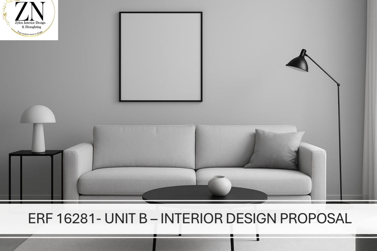 A modern living room interior design proposal featuring neutral tones and minimalist architectural finishes.