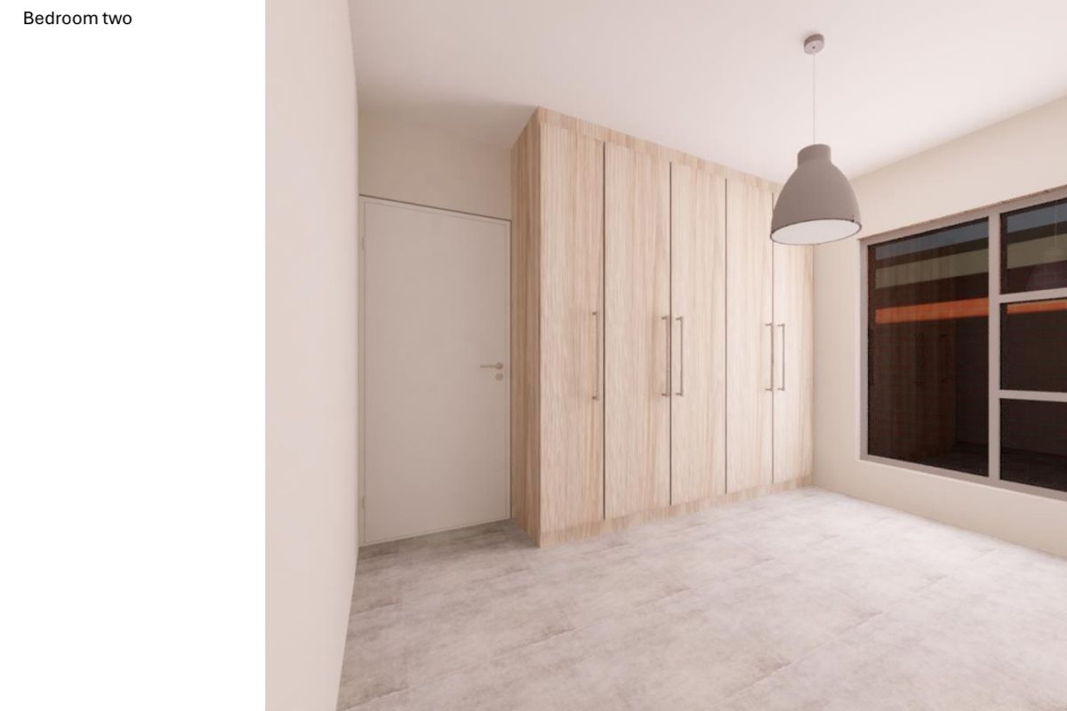 A modern bedroom featuring light wood-grain built-in cupboards, neutral tiled flooring, and a contemporary pendant light fixture.