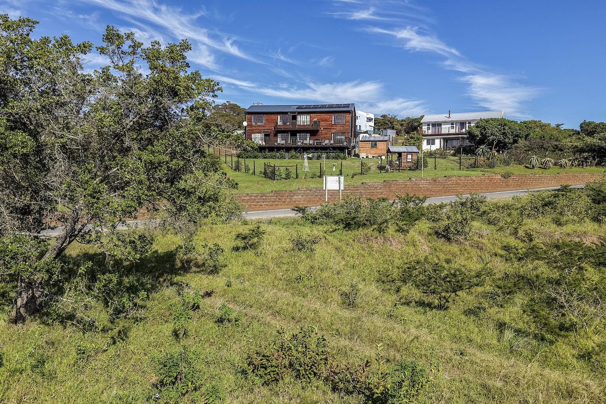 A view of the rear of the property showing the residential structures, retaining wall, and surrounding landscape.