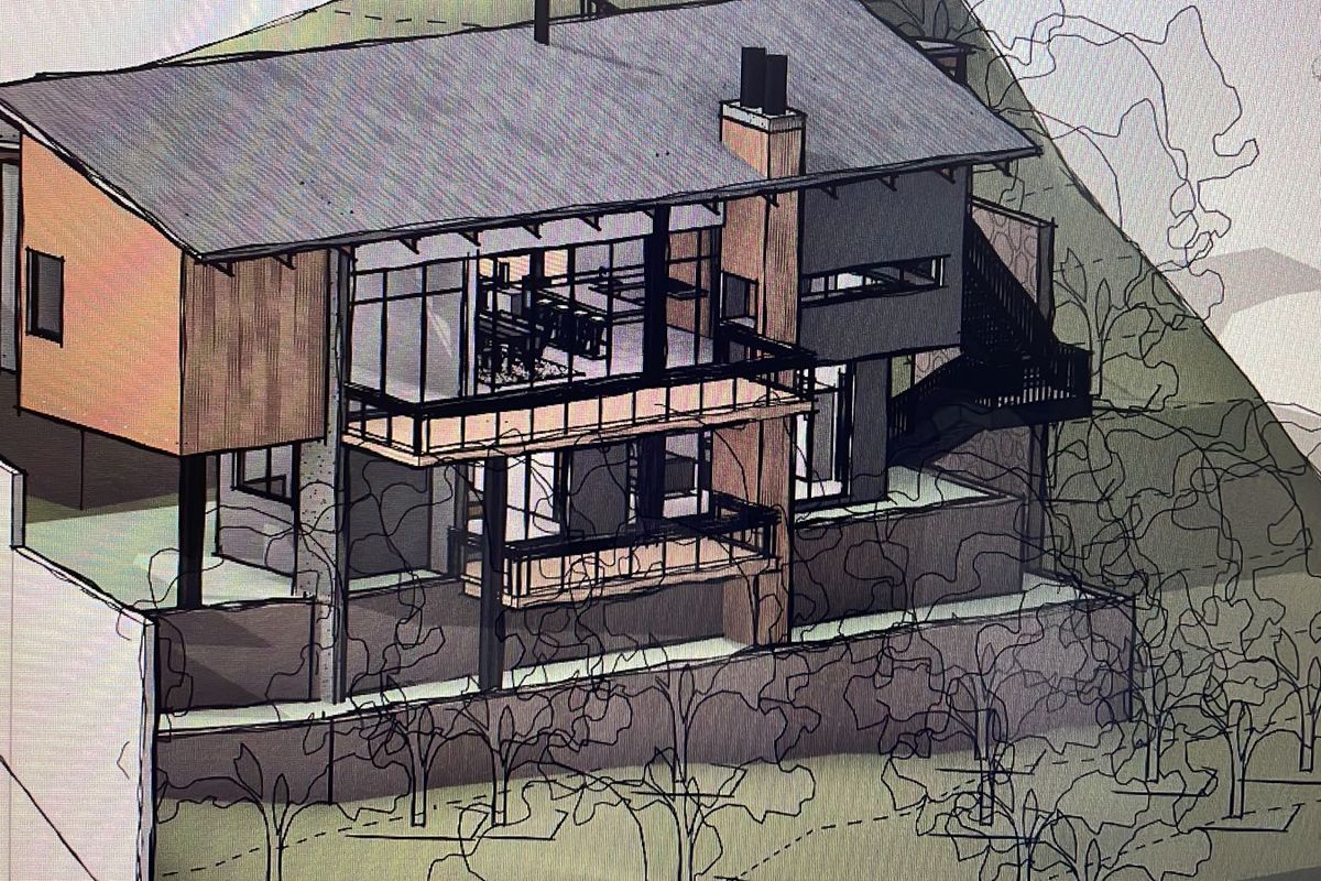 A digital architectural rendering of a multi-level residential property featuring balconies, a chimney, and integrated retaining walls on a sloped site.