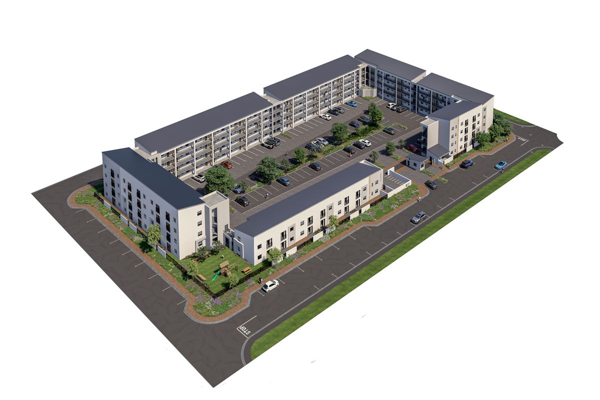 An aerial 3D render of a modern apartment complex featuring dedicated parking bays, landscaped garden areas, and paved access roads.