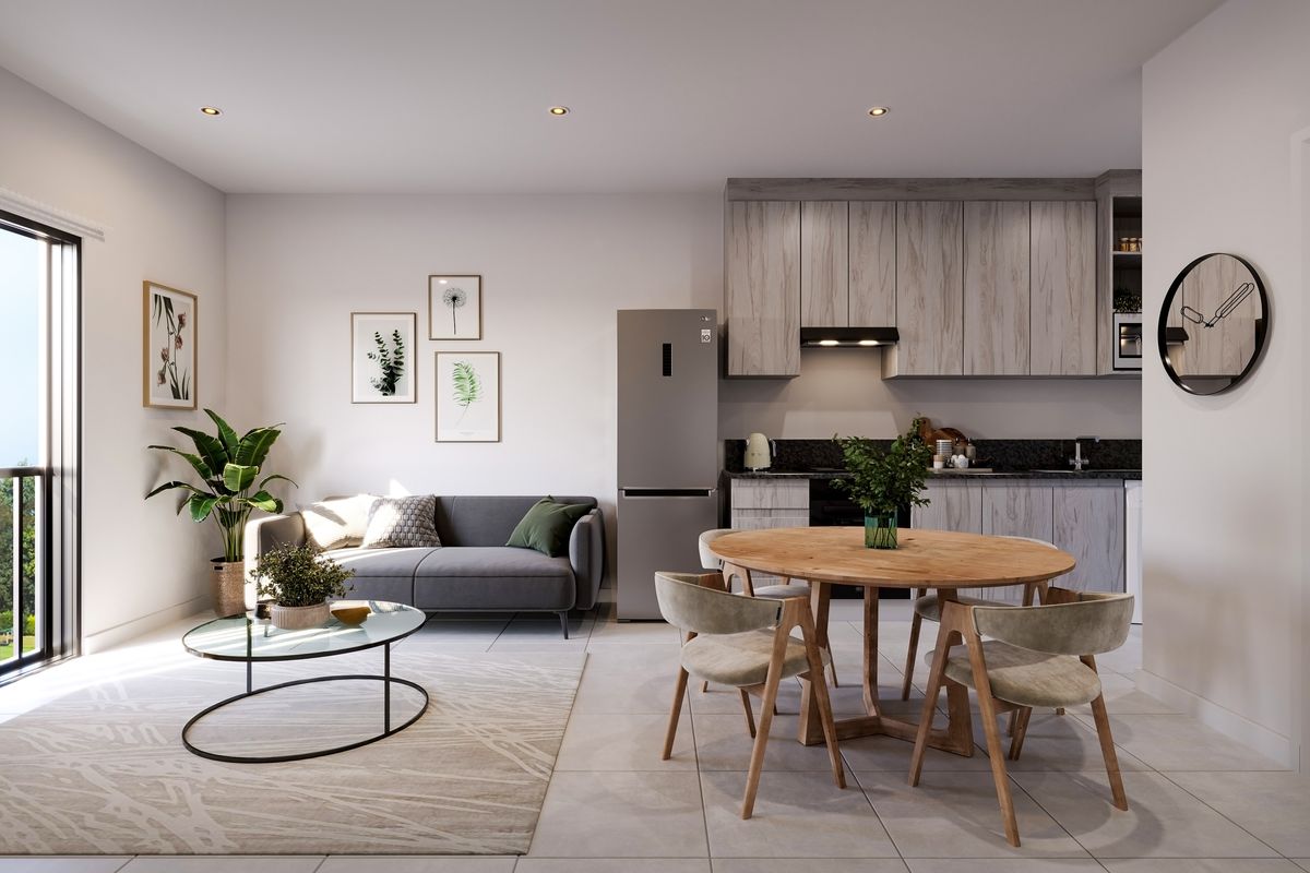 Modern open-plan living area featuring a contemporary kitchen with wood-grain cabinetry, stone countertops, and seamless flow to a private balcony.