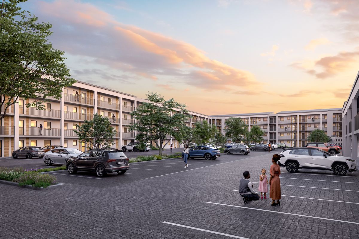 A modern multi-story apartment complex featuring a paved parking area and private balconies, presented in a high-quality architectural rendering.