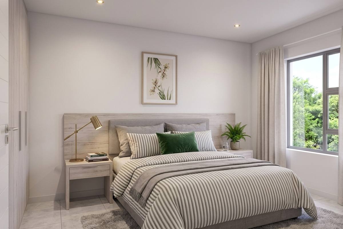 A modern, well-lit bedroom featuring neutral tones, built-in wardrobe storage, tiled flooring, and large windows overlooking greenery.