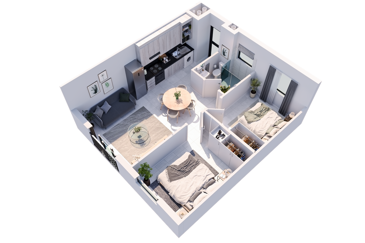 A 3D rendered floor plan of a modern apartment featuring an open-plan living area, kitchen, two bedrooms, and a bathroom.