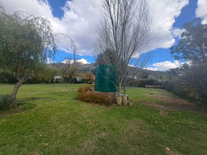 A spacious garden area featuring a green water storage tank mounted on a brick plinth, set within a large lawn with mature trees.