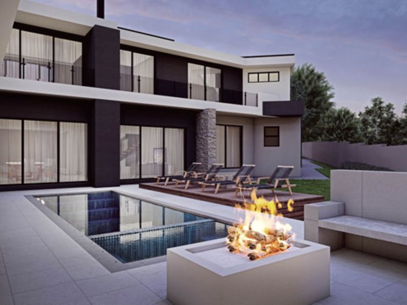 Modern rear exterior featuring a swimming pool, built-in fire pit, and timber decking, set against a contemporary two-story architectural facade.