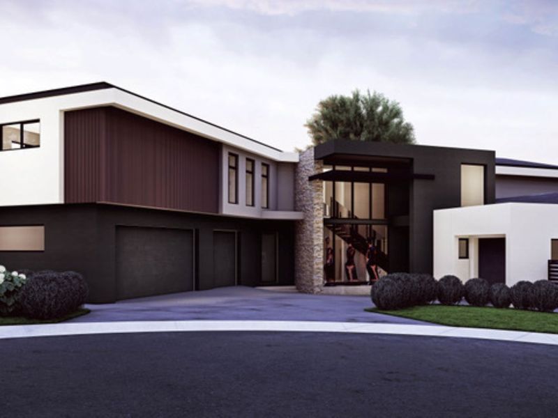 Modern architectural exterior featuring a multi-level facade with stone cladding, dark metal accents, and a double garage.