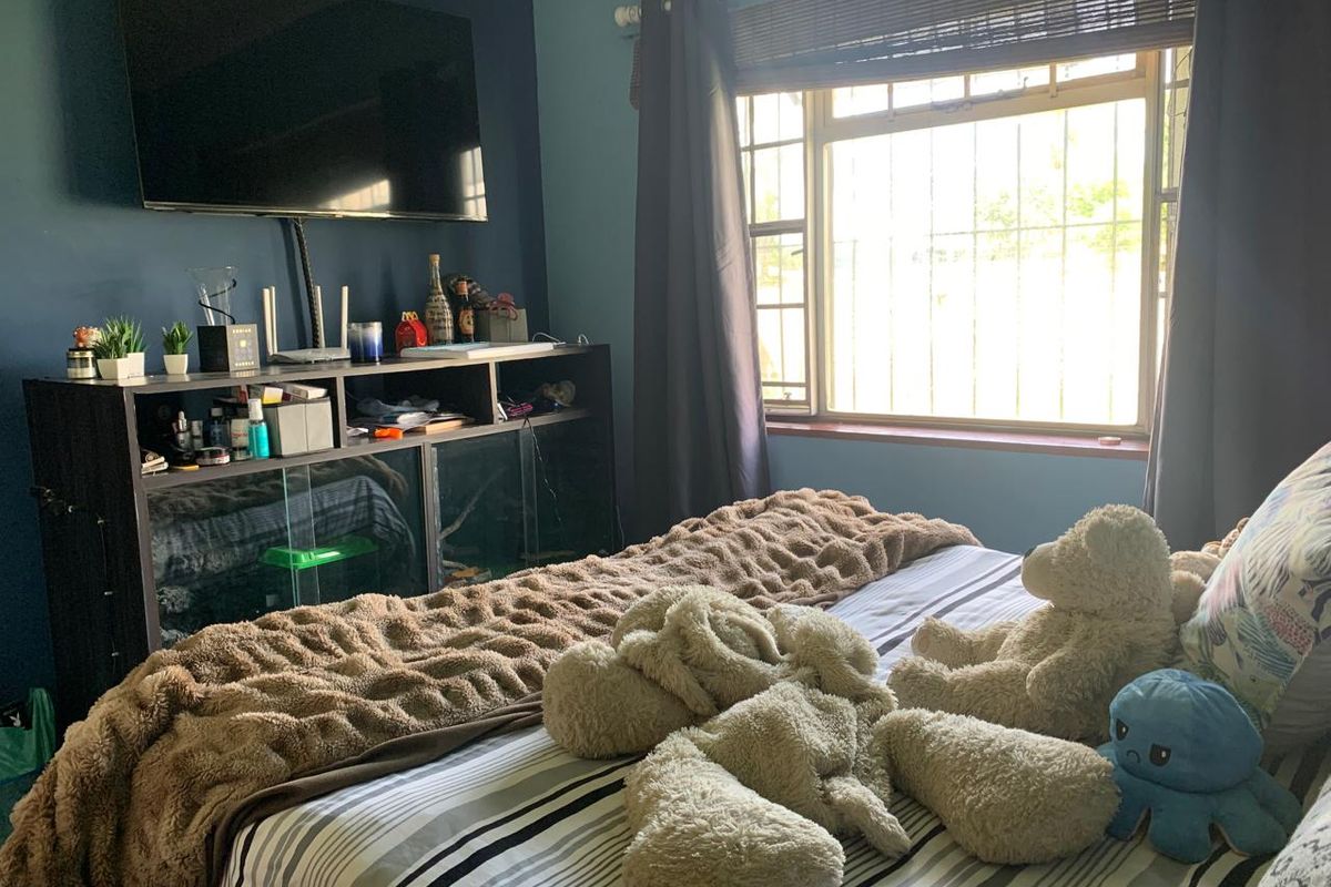 A bedroom featuring blue walls, a window with security bars, and a curtain rod.