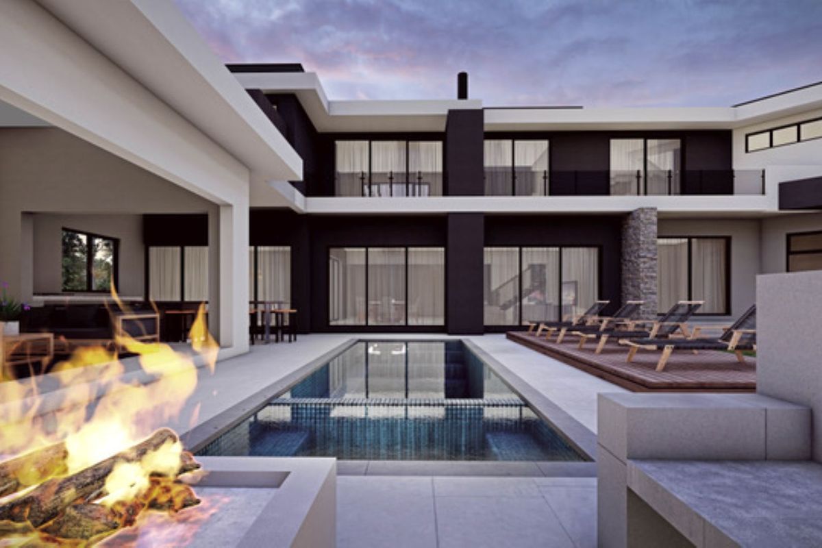 Modern luxury residence featuring a sleek swimming pool, integrated fire pit area, and expansive covered patio, showcasing contemporary architectural design and high-end finishes.