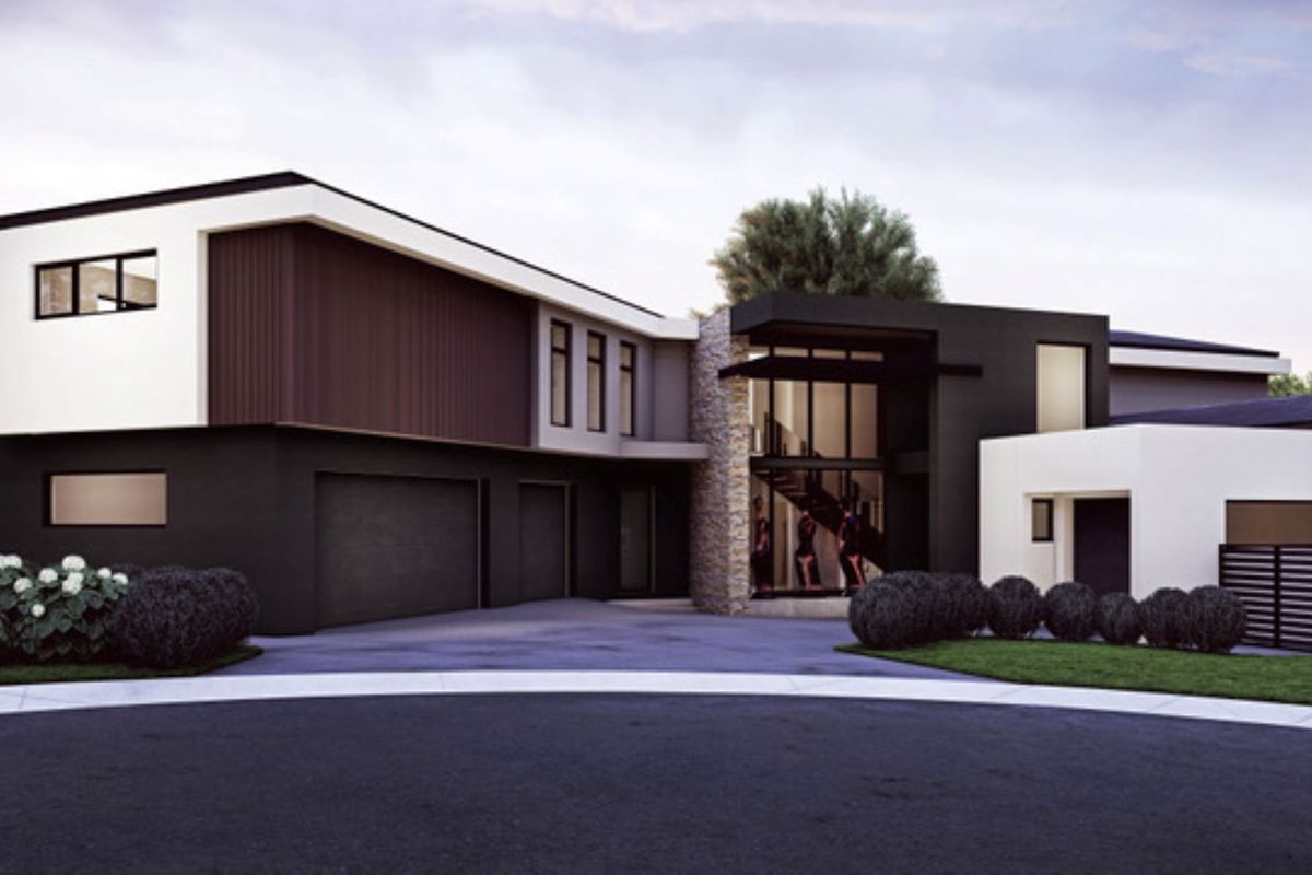 Modern architectural exterior featuring a multi-level facade with stone cladding, dark metal accents, and a double garage.