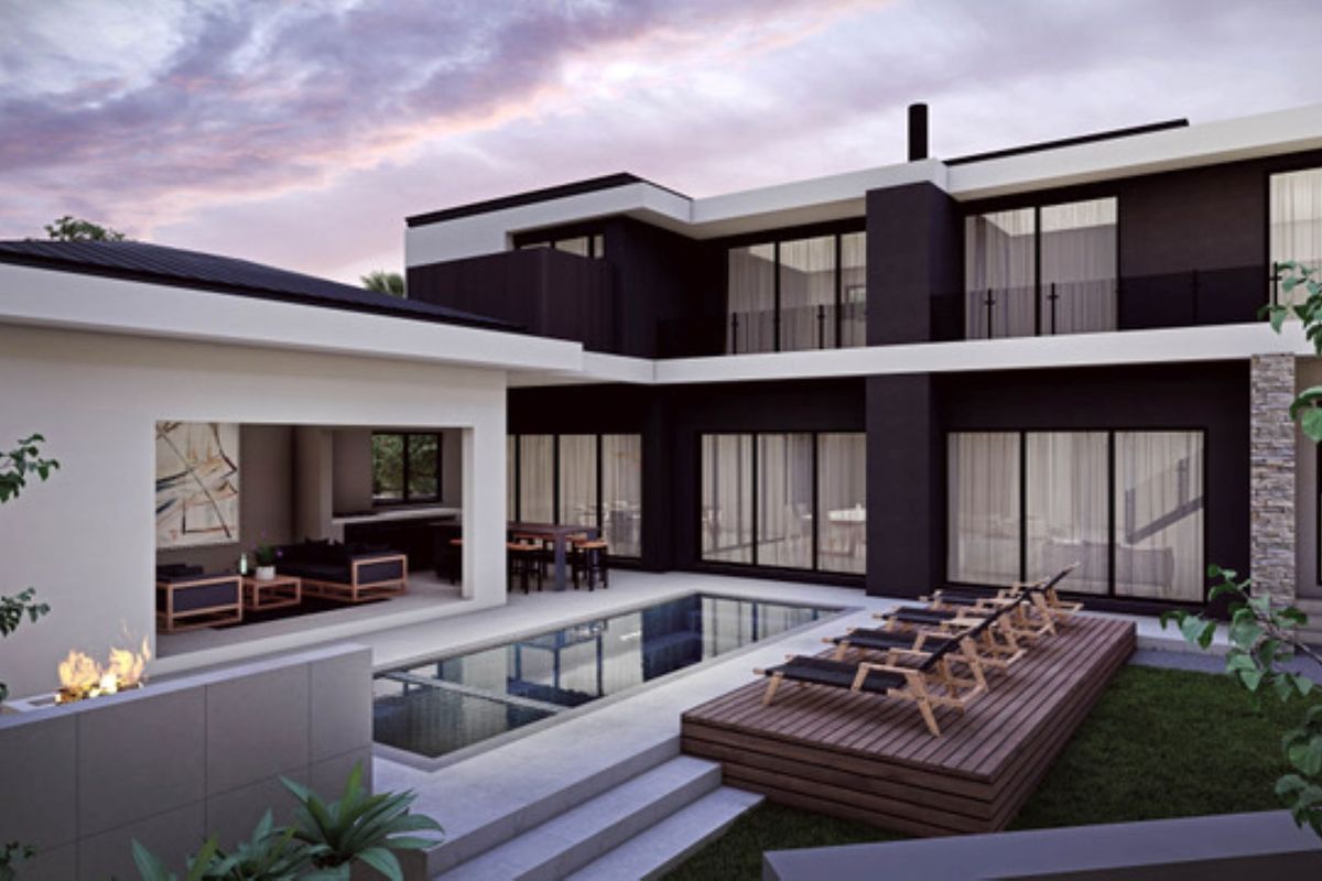 Modern architectural rear elevation featuring a swimming pool, timber decking, and a covered patio area with integrated outdoor living space.