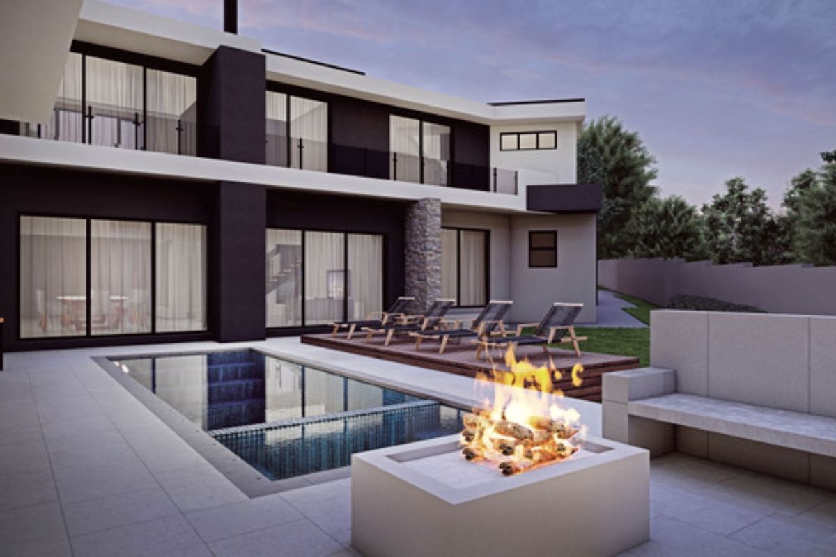 Modern rear exterior featuring a swimming pool, built-in fire pit, and timber decking, set against a contemporary two-story architectural facade.