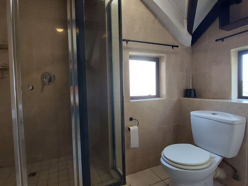 A functional bathroom featuring a shower enclosure, toilet, tiled finishes, and exposed timber beams under a pitched ceiling.