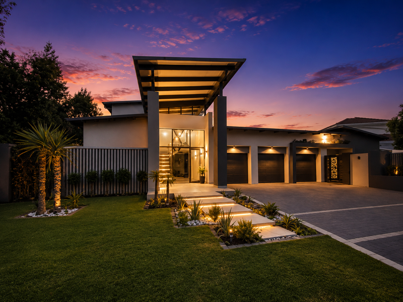 A stunning modern residence featuring a triple garage, paved driveway, and beautifully landscaped garden with integrated feature lighting at dusk.