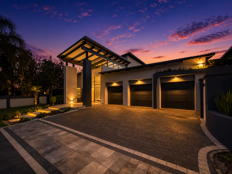Modern luxury residence featuring a triple garage, expansive paved driveway, and striking architectural design illuminated by ambient exterior lighting at dusk.