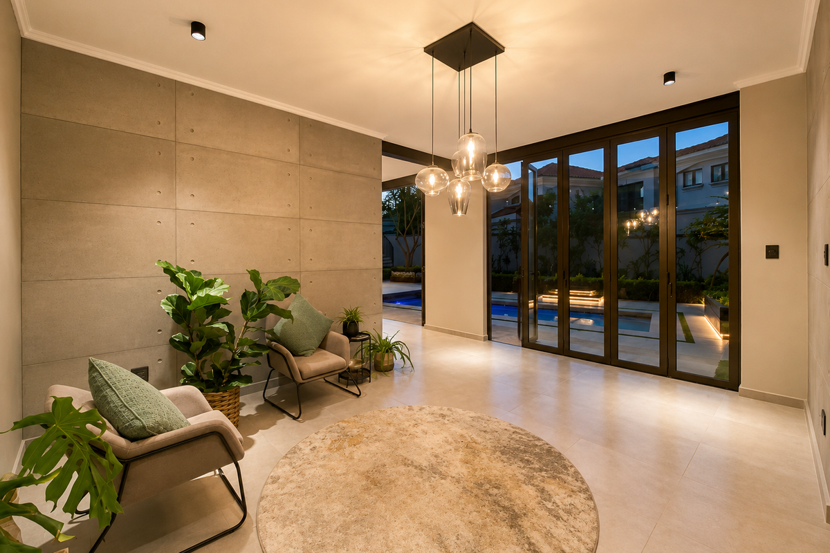 Modern living area featuring a concrete panel feature wall, large format floor tiles, and expansive sliding glass doors opening to a pool area.