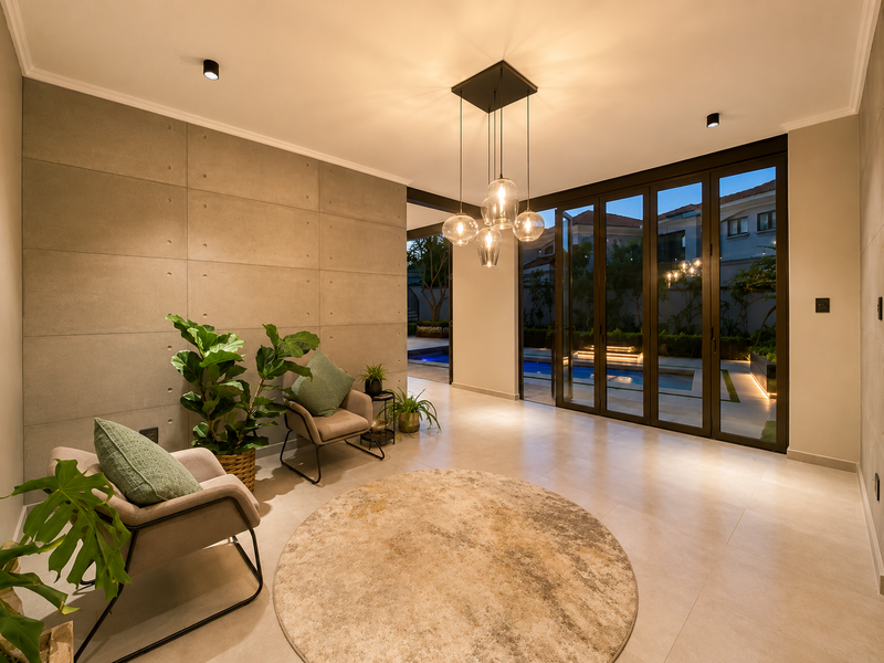 Modern living area featuring a concrete panel feature wall, large format floor tiles, and expansive sliding glass doors opening to a pool area.