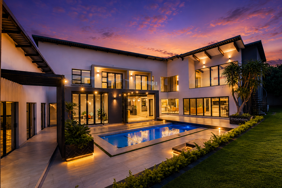 Stunning modern rear elevation featuring a swimming pool, expansive tiled patio, and seamless indoor-outdoor flow through large glass sliding doors at twilight.