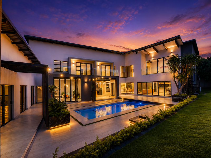 Stunning modern rear elevation featuring a swimming pool, expansive tiled patio, and seamless indoor-outdoor flow through large glass sliding doors at twilight.