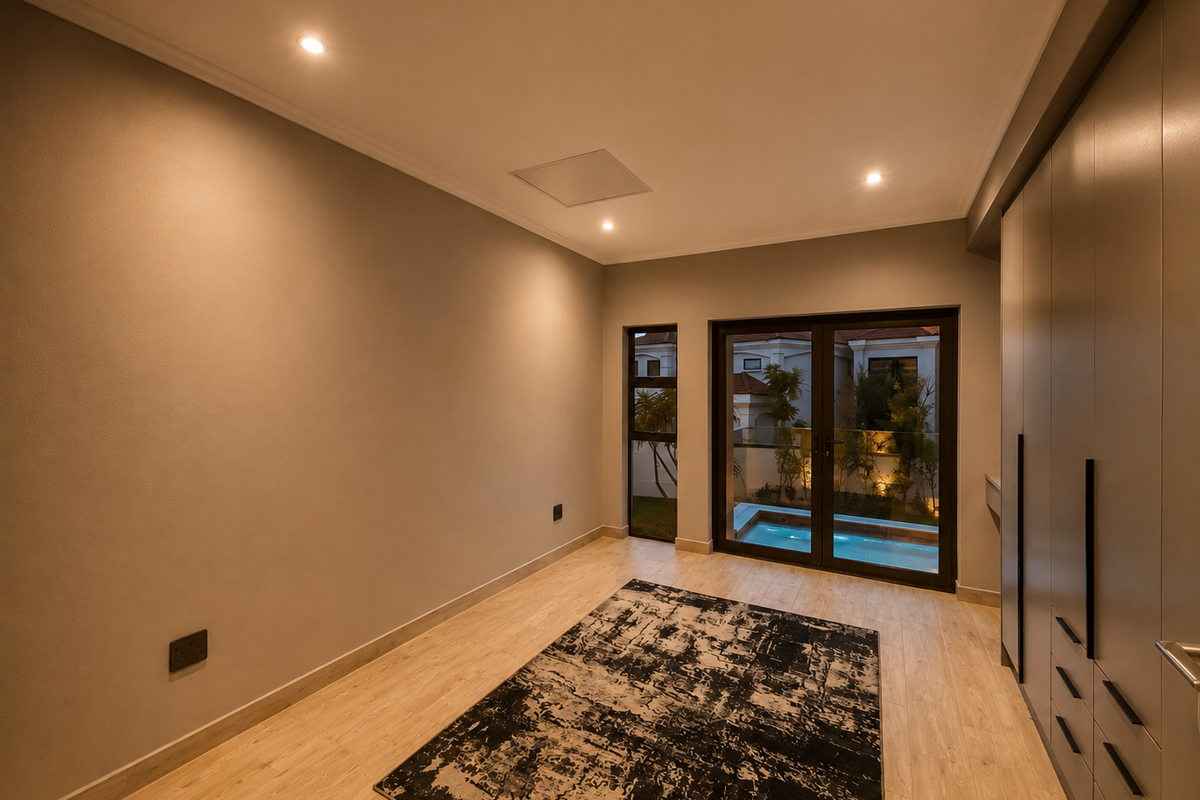 A modern, empty bedroom featuring built-in cupboards, recessed lighting, and double doors opening to an outdoor pool area.
