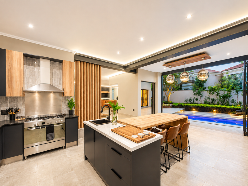 Modern open-plan kitchen featuring a central island, high-end gas stove, and seamless indoor-outdoor flow to a private pool area through large sliding glass doors.
