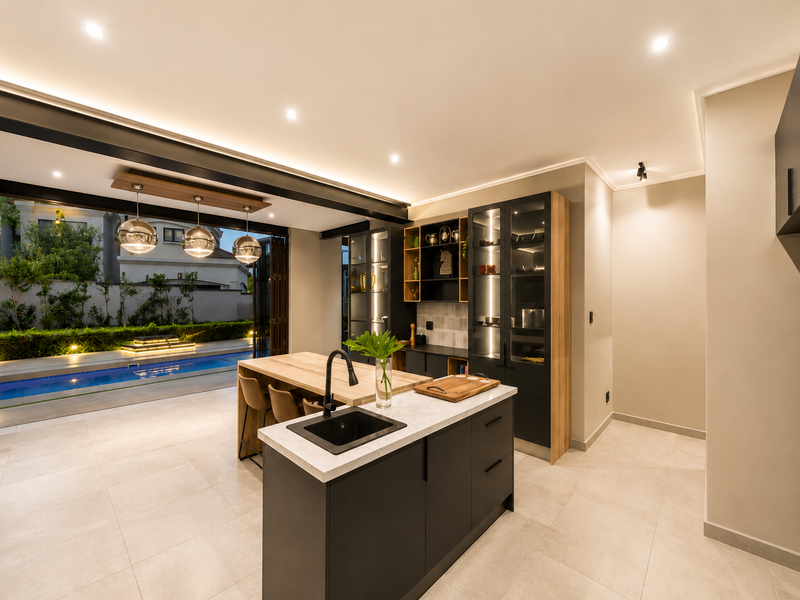 Modern open-plan kitchen featuring a central island, sleek cabinetry, and seamless indoor-outdoor flow to the pool area through large bi-fold doors.