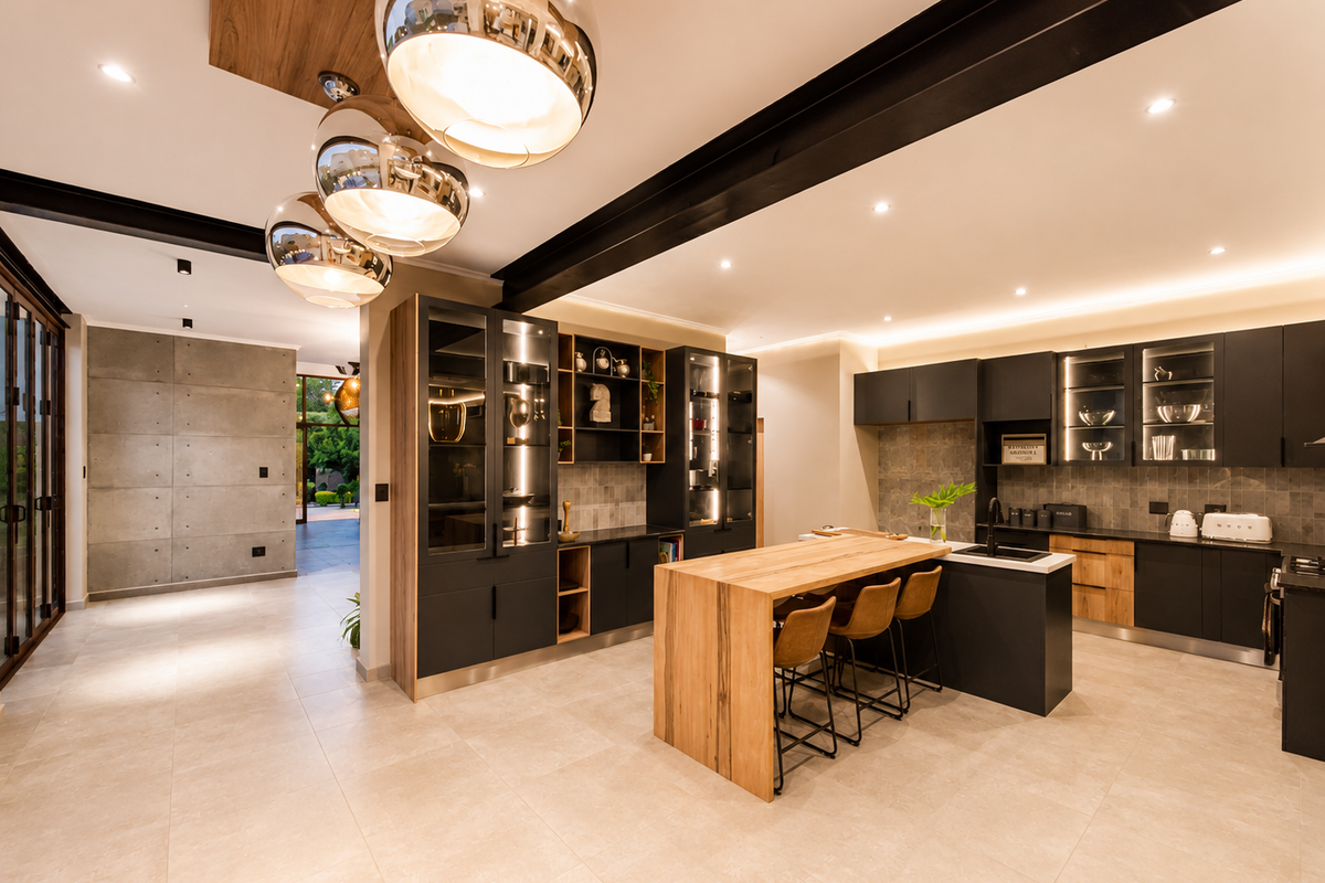 Modern open-plan kitchen featuring dark cabinetry, a timber breakfast bar, integrated lighting, and a striking concrete feature wall with high-end finishes.