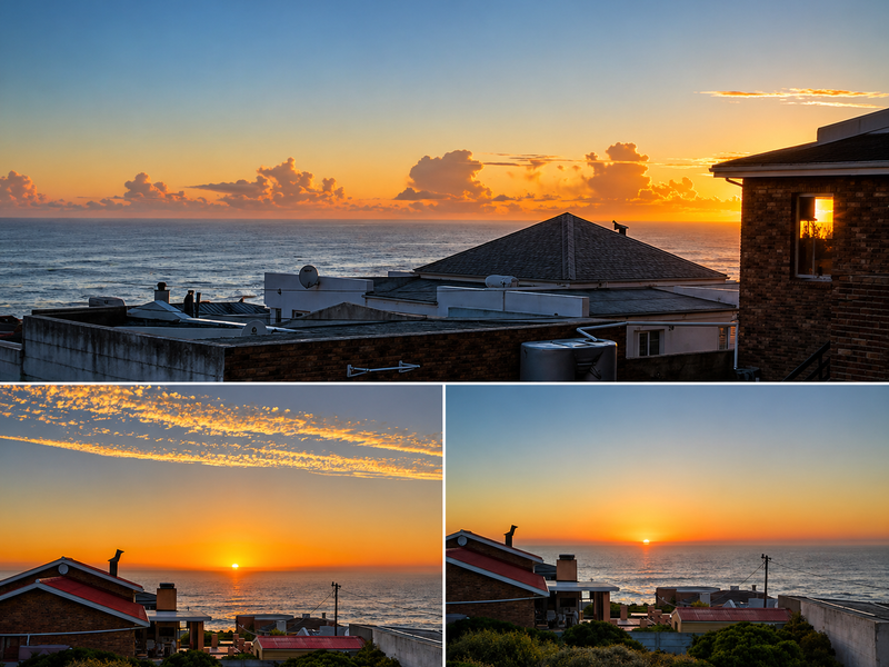 A scenic coastal view featuring a sunset over the ocean, showcasing the surrounding residential rooftops and landscape.