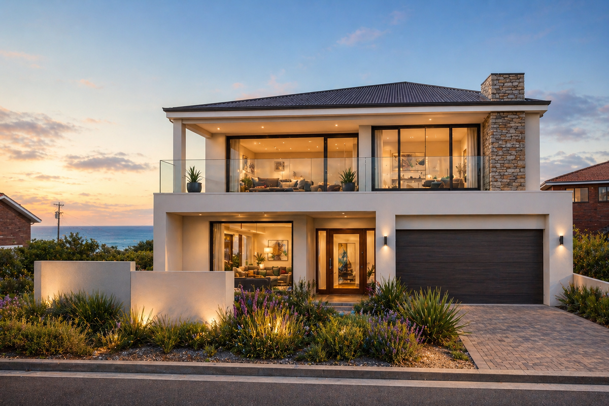 A modern two-story residential property featuring a stone-clad chimney, glass balcony balustrades, paved driveway, and landscaped front garden at sunset.