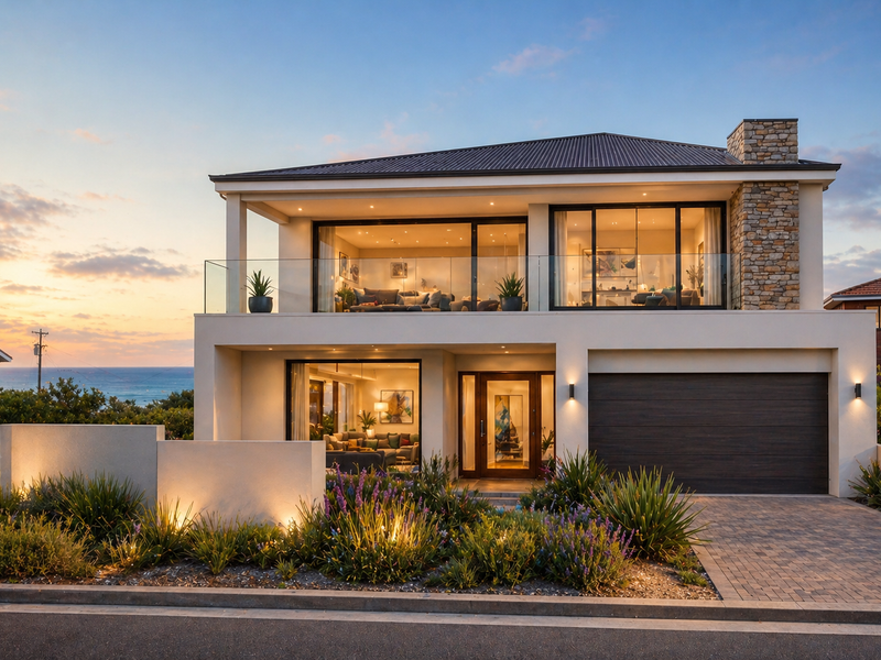 A modern two-story residential property featuring a stone-clad chimney, glass balcony balustrades, paved driveway, and landscaped front garden at sunset.