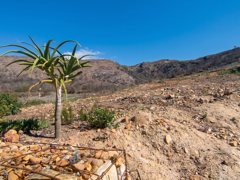 A wide-angle view of a sloped, rocky vacant residential plot featuring natural vegetation and distant mountain scenery.