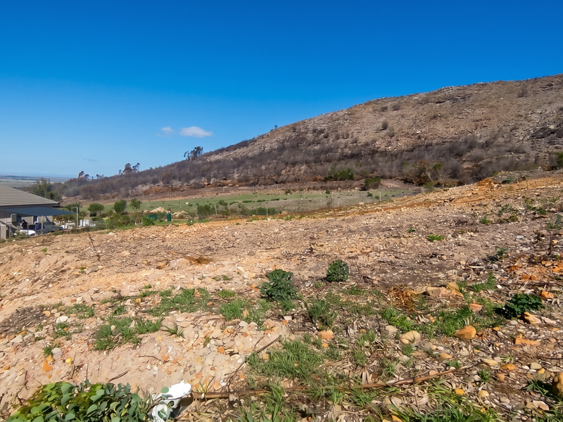 A wide-angle view of the vacant residential land featuring a natural sloped terrain with scenic mountain views in the background.