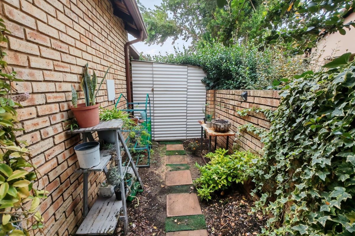 A narrow side garden area featuring a brick boundary wall, a corrugated metal storage shed, and a paved walkway.