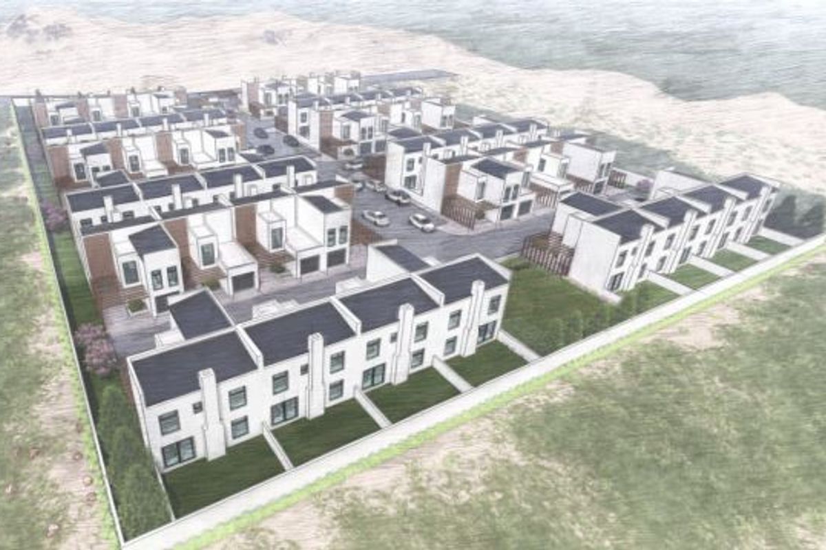 An aerial architectural rendering of a modern residential housing development featuring multiple units with private gardens and integrated access roads.