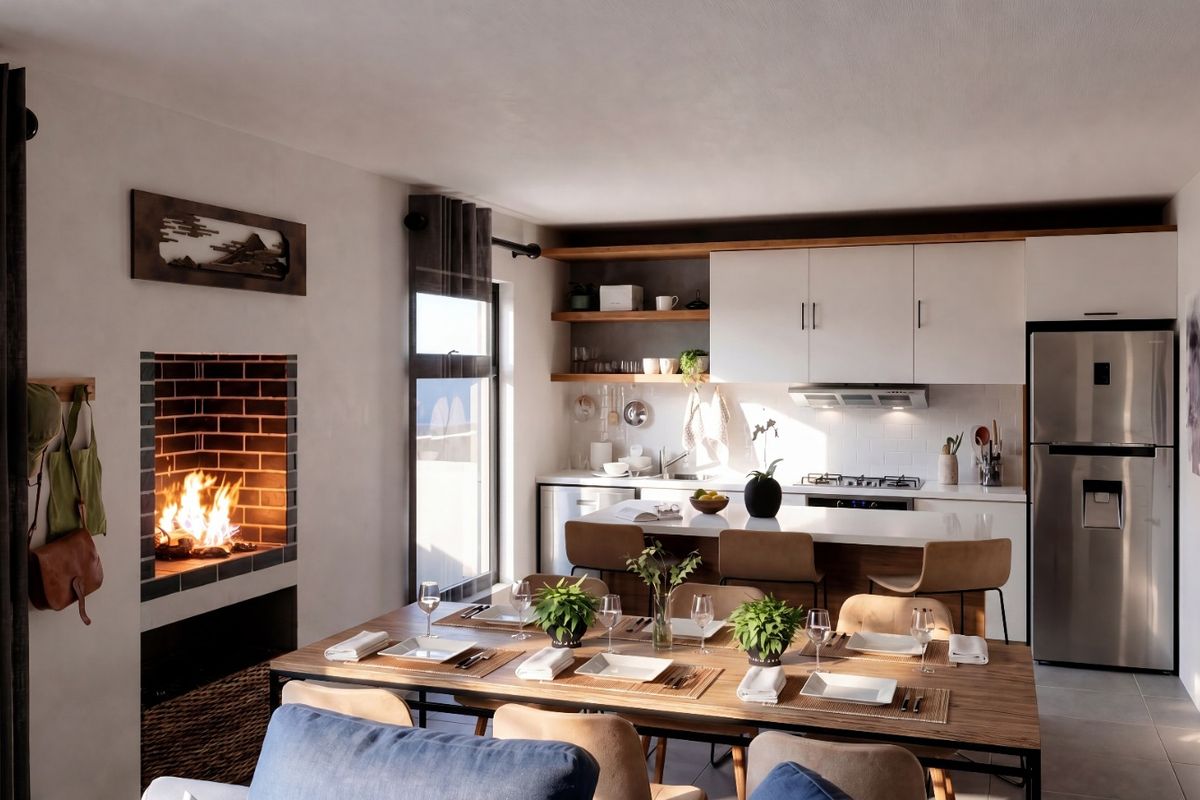 Modern open-plan living and kitchen area featuring a brick fireplace, sleek cabinetry, kitchen island, and integrated appliances in a well-lit, contemporary space.