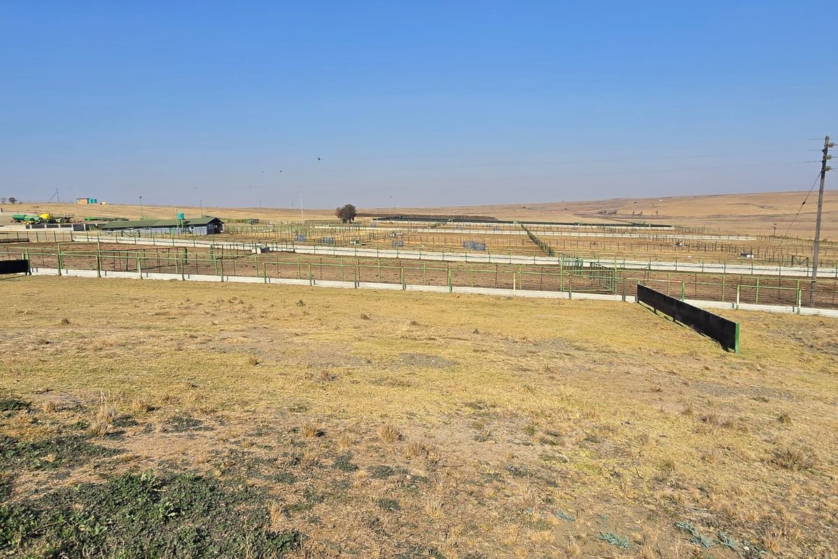 Expansive farm landscape featuring multiple fenced livestock enclosures and utility structures under a clear sky.