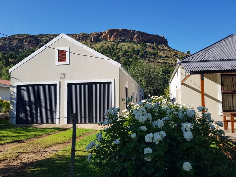 Front view of a well-maintained property featuring a double garage with corrugated metal doors and a scenic mountain backdrop.