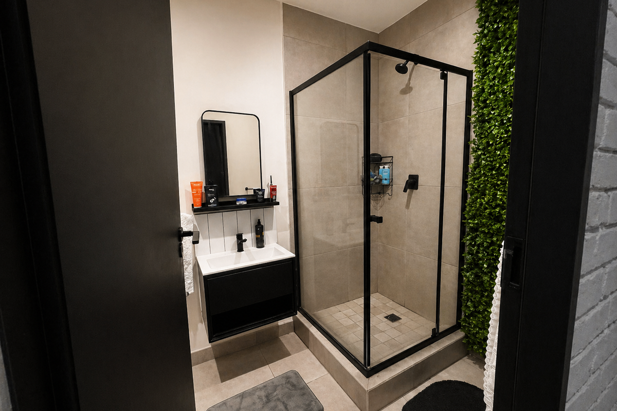 Modern bathroom featuring a glass-enclosed shower, wall-mounted vanity with basin, and contemporary neutral tiling.