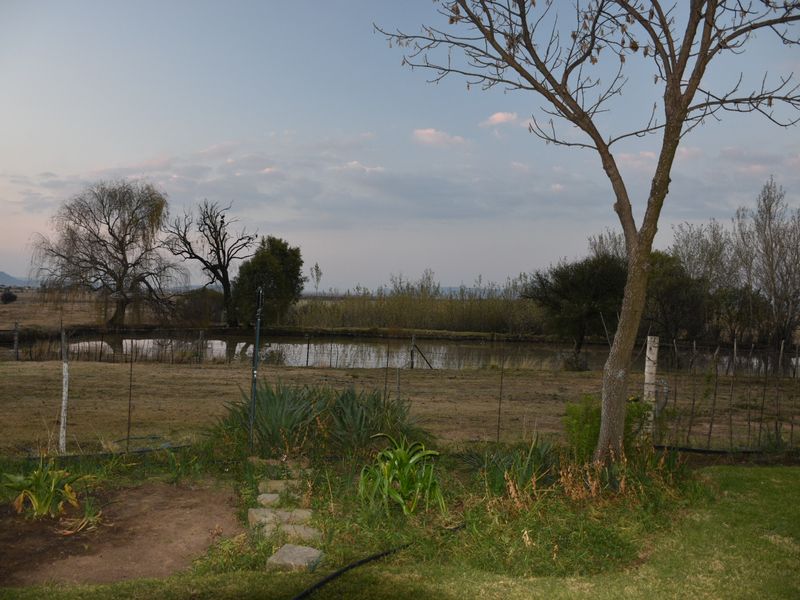A scenic view of a small holding dam and surrounding landscape at dusk, featuring natural vegetation and perimeter fencing.