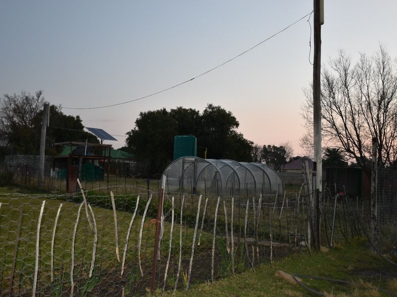 A functional small holding garden area featuring a polytunnel, water storage tank, and solar panel infrastructure set within a fenced plot.